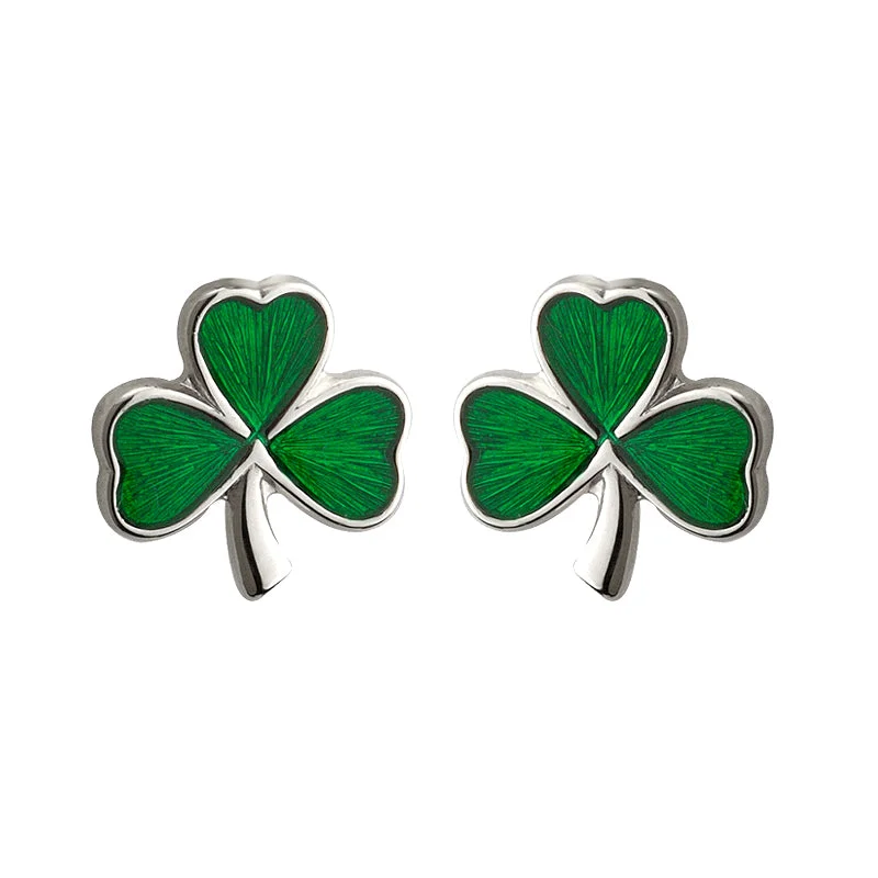 Opal Earrings-Silver Small Enamel Shamrock Stud Earrings