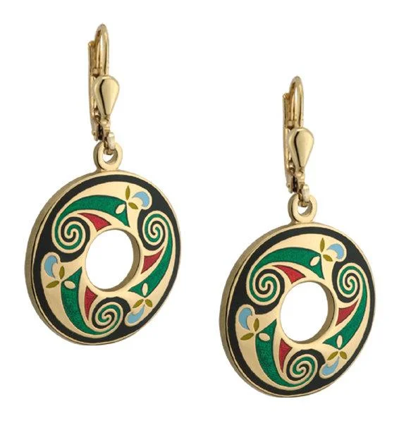 Double Hoop Earrings-Gold Plated Black Celtic Round Earrings