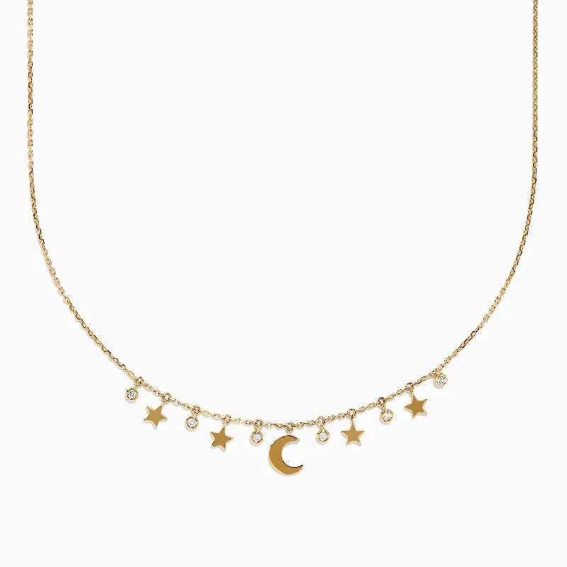 Unique Gem Pendant Necklaces -Novelty 14K Yellow Gold Diamond Moon and Stars Necklace