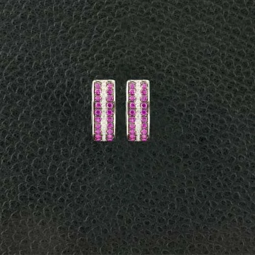 Brass Earrings-Ruby & Diamond Half Hoop Huggie Earrings