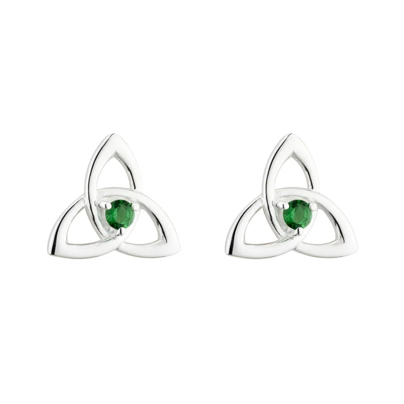 Hoop Earrings For Men-Sterling Silver Green Crystal Trinity Knot Earrings