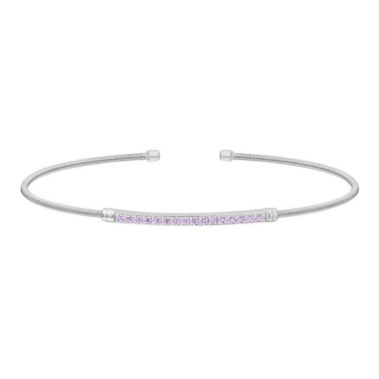 Stylish Bracelets For Women-Rhodium Finish Sterling Silver Cable Cuff Bracelet with Simulated Light Amethyst Birth Gems - June