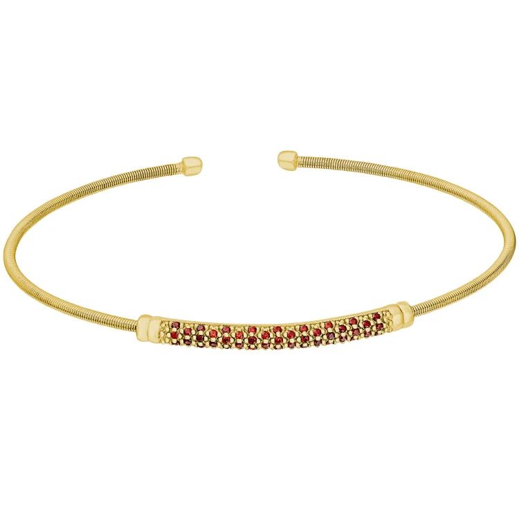 Stylish Men's Bracelets With Leather-Gold Finish Sterling Silver Cable Cuff Bracelet with Three Rows of Simulated Ruby Birth Gems - July