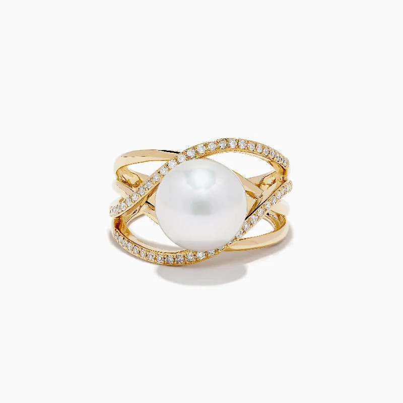 Gemstone engagement rings-14K Yellow Gold Cultured Fresh Water Pearl and Diamond Crossover Ring