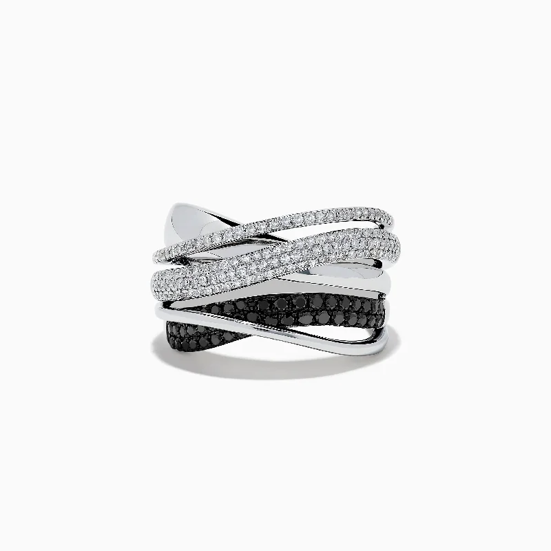 Custom wedding bands with birthstones-Caviar 14K White Gold White and Black Diamond Crossover Ring