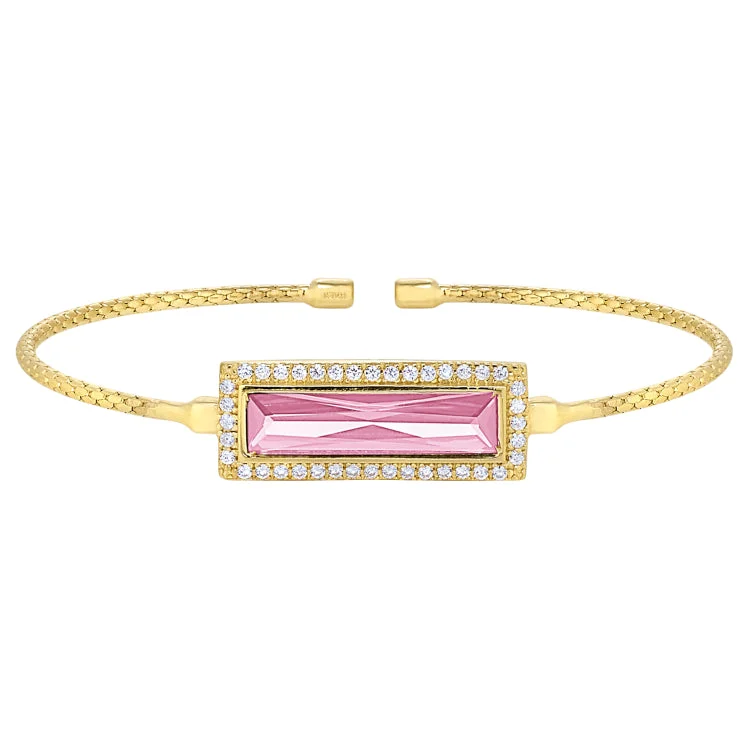 Crystal Embellished Bracelets For Women-Gold Finish Sterling Silver Cable Cuff Bracelet with Rectangular Simulated Pink Sapphire Stone and Simulated Diamonds