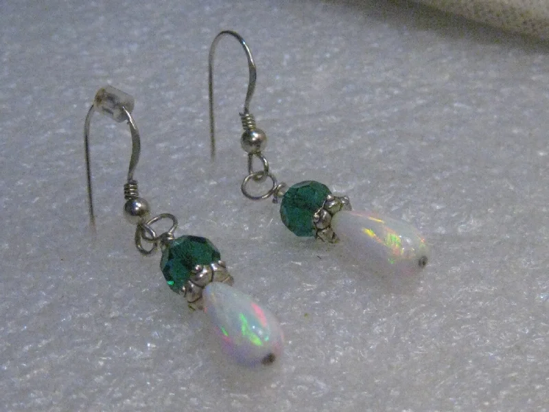 Lightweight Earrings-Sterling Silver  Created Opal Dangle Earrings, Pierced, 1.5", Green Accents, Proms/Weddings