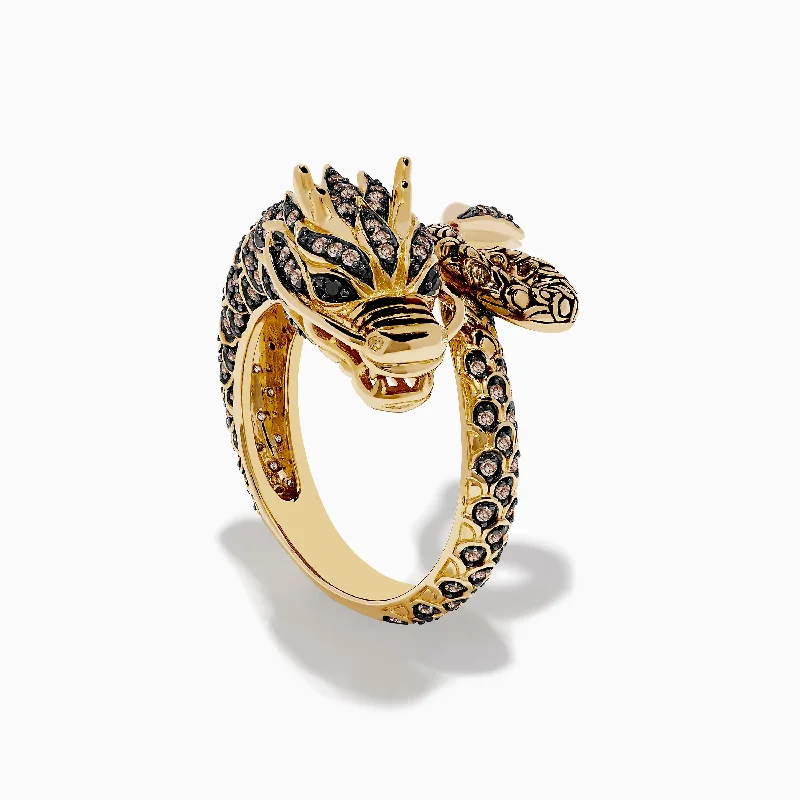 Affordable gemstone wedding bands-Safari 14K Yellow Gold Brown Diamond Dragon Ring