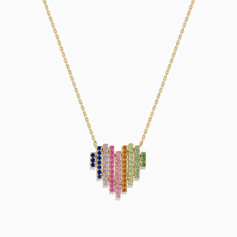 Fashion Jewelry Necklaces -Watercolors 14K Yellow Gold Multi Sapphire Heart Necklace