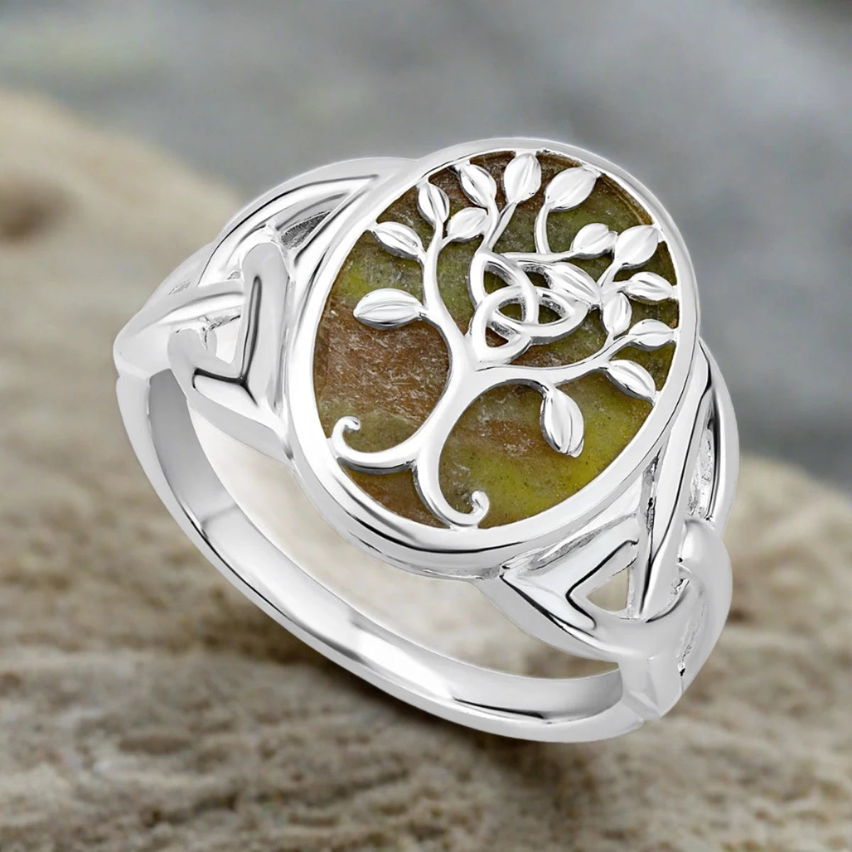 Couples engagement rings-Silver Connemara Marble Tree Of Life Ring