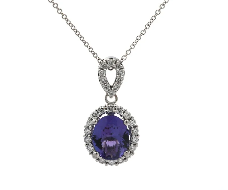 Adjustable Necklaces -2.38ct Oval Tanzanite and 0.50ctw Diamond Frame Pendant Necklace in 14K