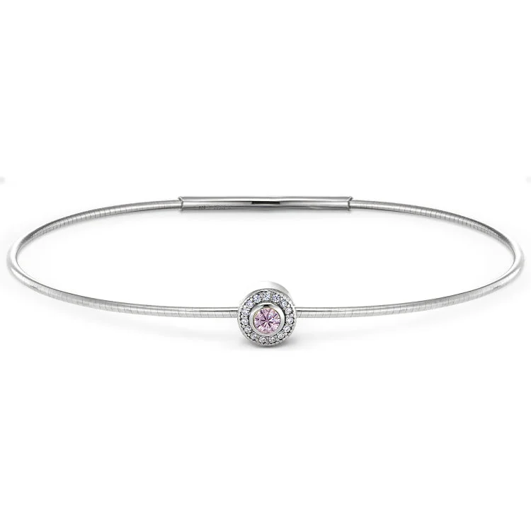 Birthday Bracelets For Friends-Platinum Finish Sterling Silver Round Simulated Pink Sapphire Birth Gem Bracelet with Simulated Diamonds