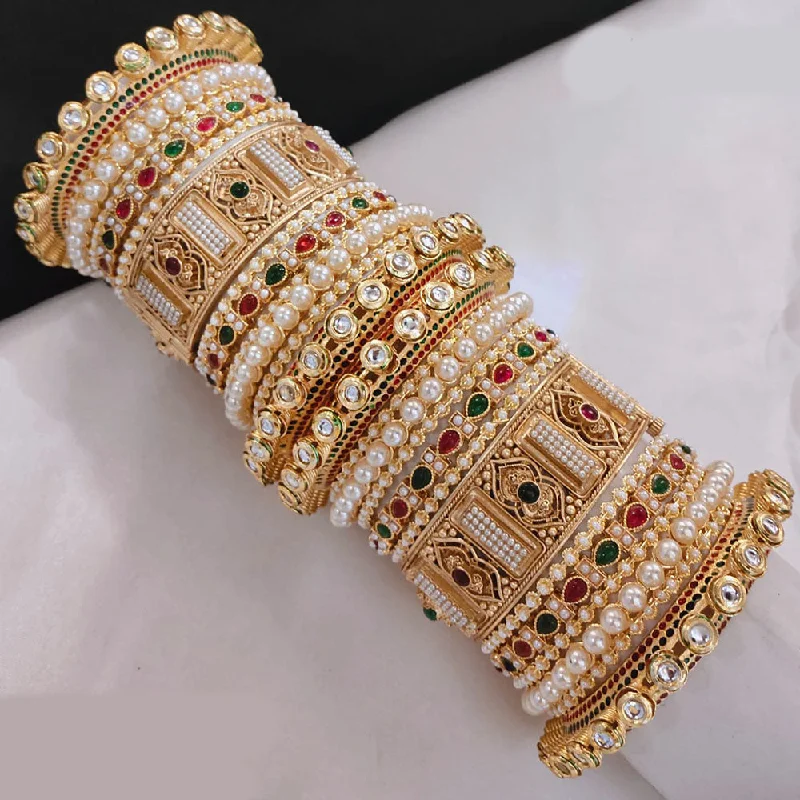 Bangles With Unique Shape For Women-Lucentarts Jewellery Gold Plated Pota Stone And Pearls Openable Bangles Set