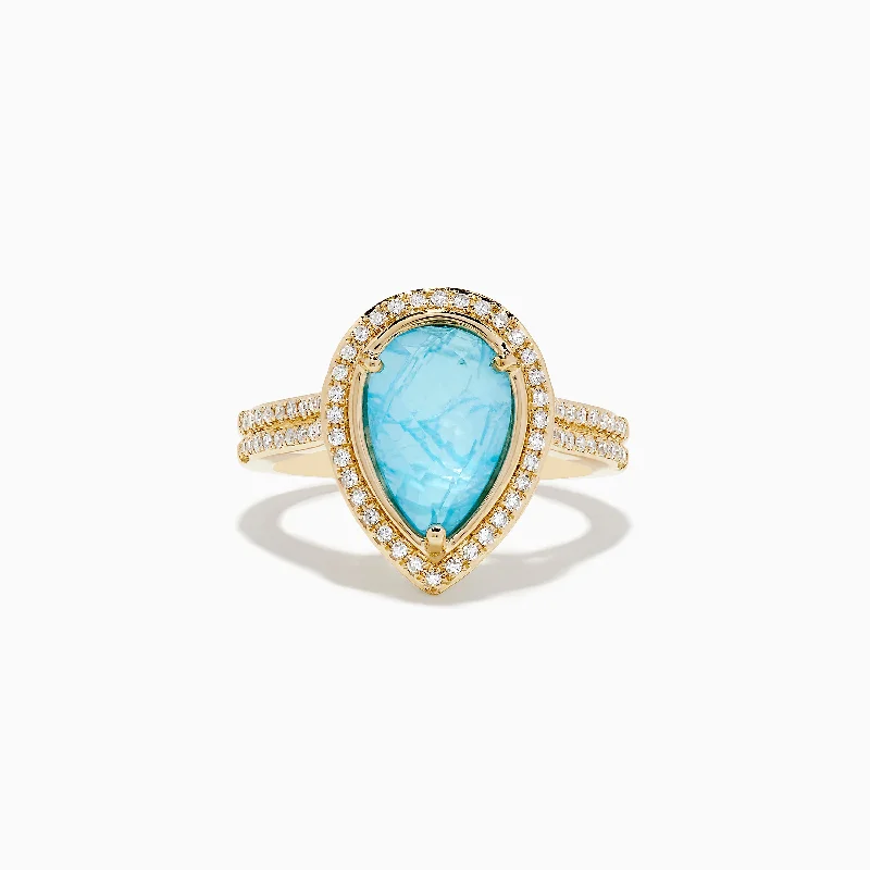 Hand-engraved rings-14K Yellow Gold Apatite and Diamond Pear Shaped Ring