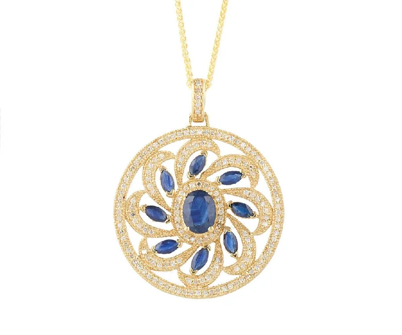 Custom Stamped Necklaces -Effy 3.15ctw Sapphire and 0.85ctw Diamond Frame Flower Pendant Necklace in 14K