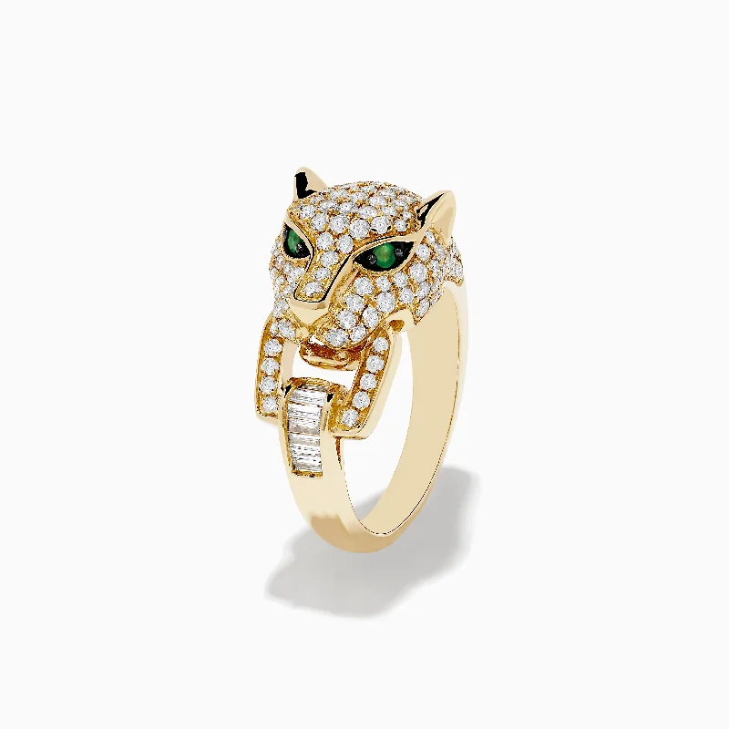 Affordable wedding rings for men-Signature 14K Yellow Gold Diamond and Emerald Panther Ring