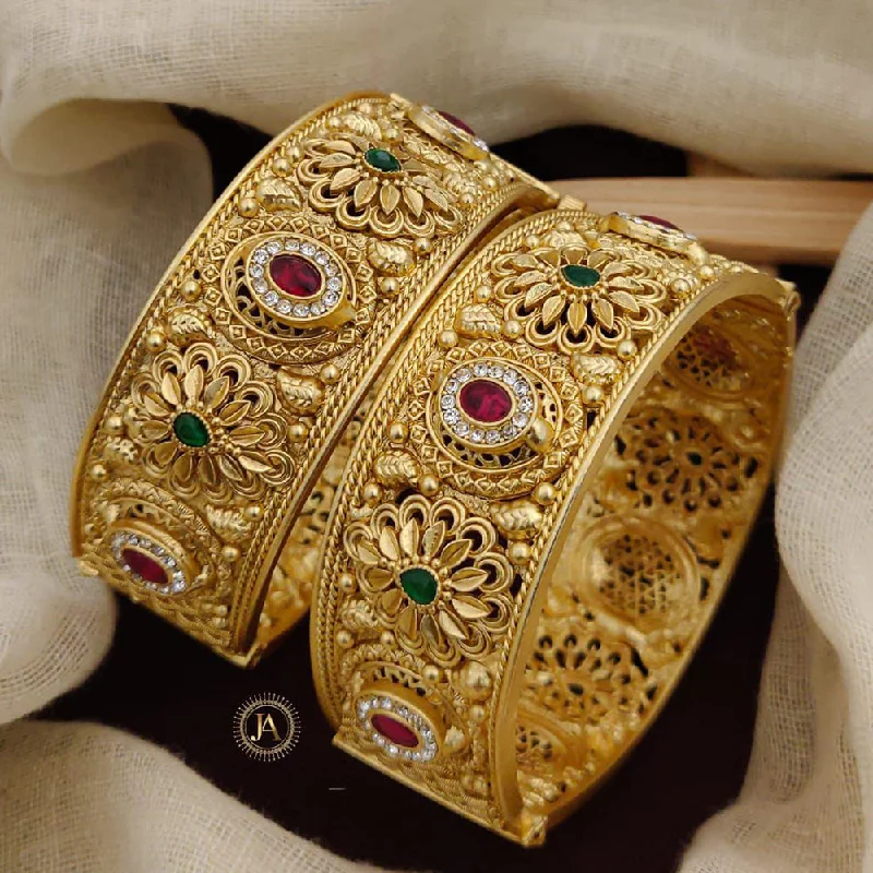 Bangles With Floral Designs-Neetu Art Gold Plated Pota Stone Openable Bangles Set