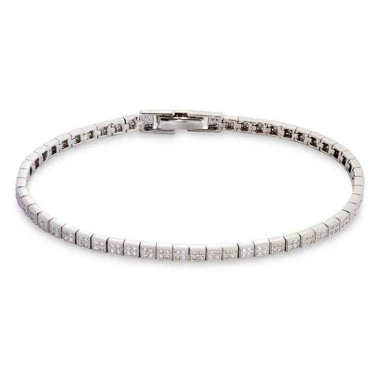 Adjustable Bracelets For Kids-Platinum Finish Sterling Silver Micropave Squares Bracelet with 230 Simulated Diamonds 7.25"