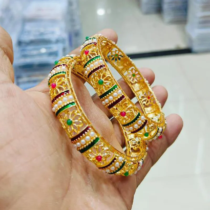 Bangles With Semi Precious Gems-Pooja Bangles Gold Plated Pearls And Meenakari Bangle Set