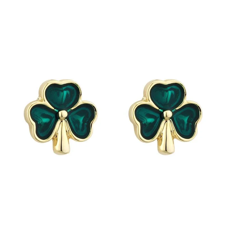 Crystal Hoop Earrings-Gold Plated Enamel Shamrock Earrings