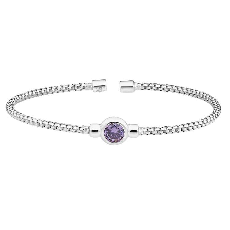 Unique Bracelets For Everyday Wear-Rhodium Finish Sterling Silver Rounded Box Link Cuff Bracelet with Bezel Set Simulated Light Amethyst Birth Gem