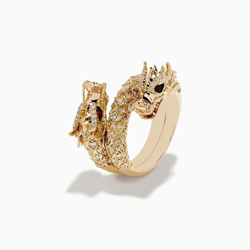 Designer wedding rings-Safari 14K Yellow Gold Ruby and Diamond Dragon Ring