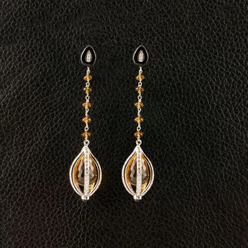 Designer Hoop Earrings-Citrine, Onyx & Diamond Dangle Earrings