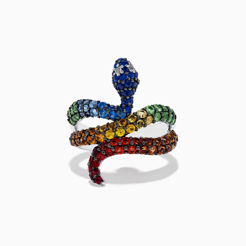 Personalized rings for gifts-925 Safari Sterling Silver Multi Sapphire Snake Ring