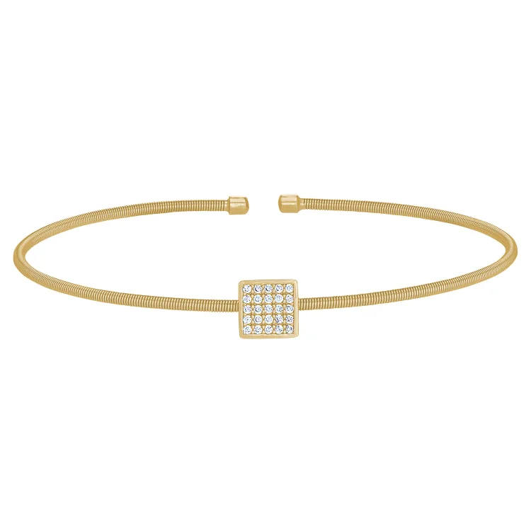 Simple Beaded Bracelets For Women-Gold Finish Sterling Silver Cable Cuff Square Bracelet with Simulated Diamonds