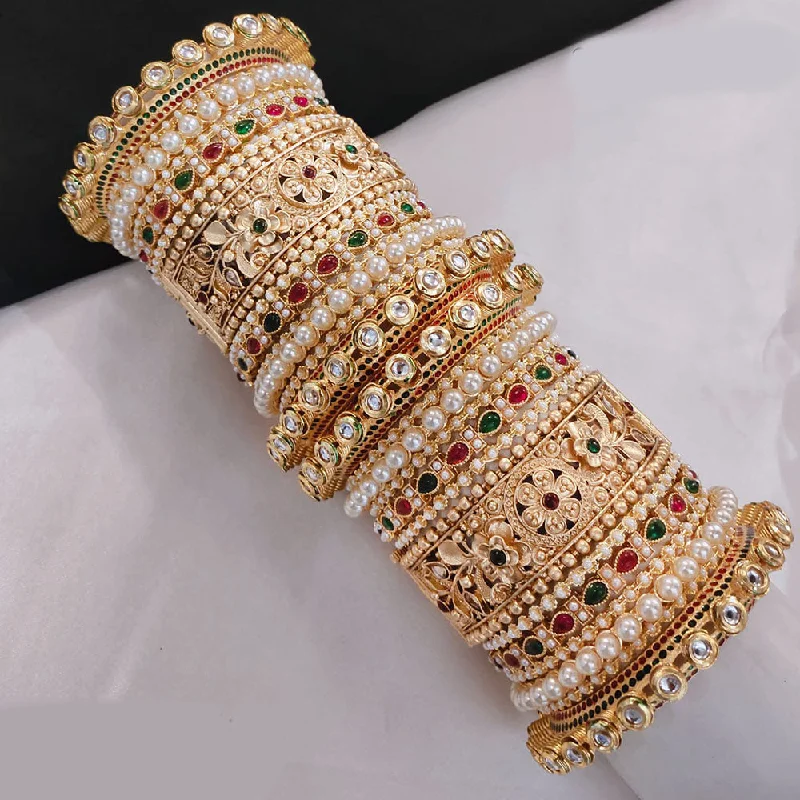 Simple Silver Bangles With Stones-Lucentarts Jewellery Gold Plated Pota Stone And Pearls Openable Bangles Set