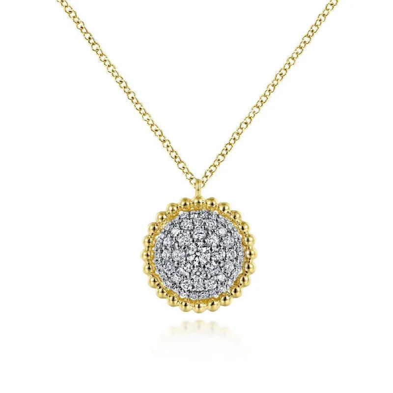 Designer Silver Necklaces -Gabriel & Co. - NK6365Y45JJ - 14K Yellow Gold Round Diamond Pav‚ Pendant Necklace with Bujukan Bead Frame