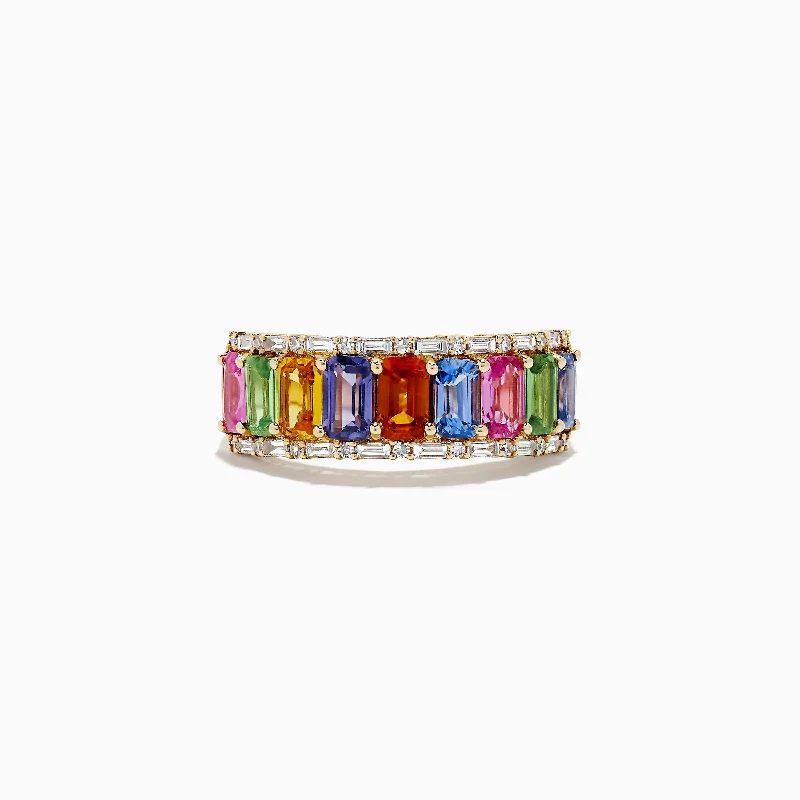 Custom wedding rings with engraved stones-Watercolors 14K Yellow Multi Sapphire and Diamond Ring