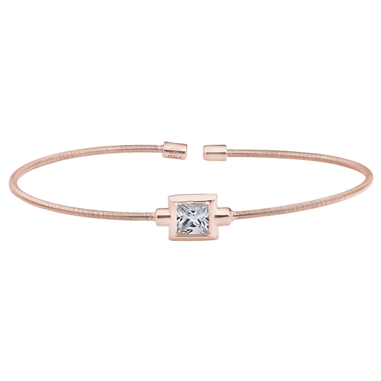 Designer Bracelets For Men-Rose Gold Finish Sterling Silver Cable Cuff Bracelet with Princess Cut Simulated Diamond Birth Gem