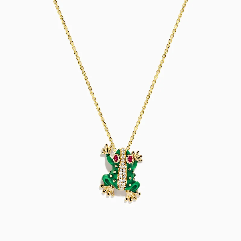 Birthstone Silver Necklaces -Safari 14K Yellow Gold Enamel, Diamond, and Ruby Frog Necklace