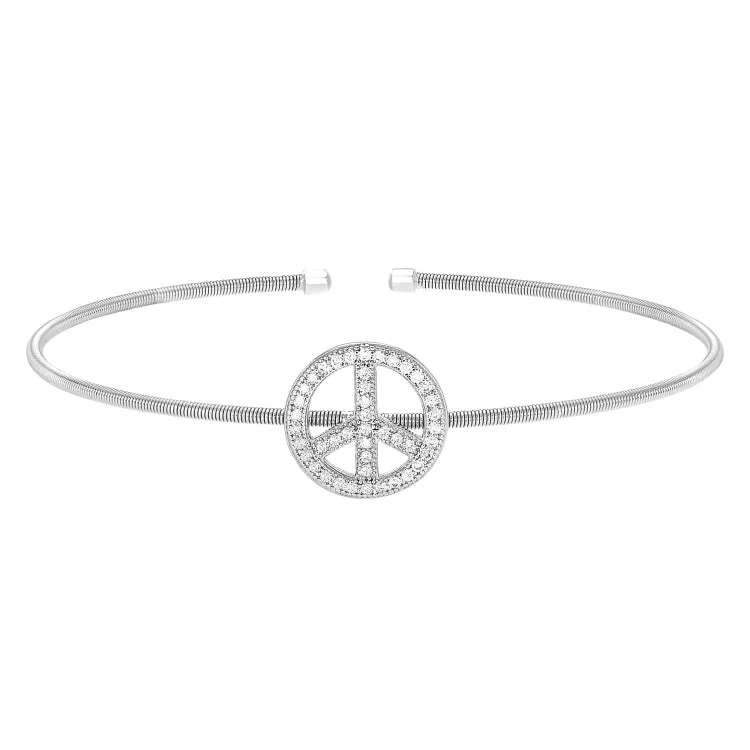 Friendship Bracelets For Kids With Names-Rhodium Finish Sterling Silver Cable Cuff Peace Sign Bracelet with Simulated Diamonds