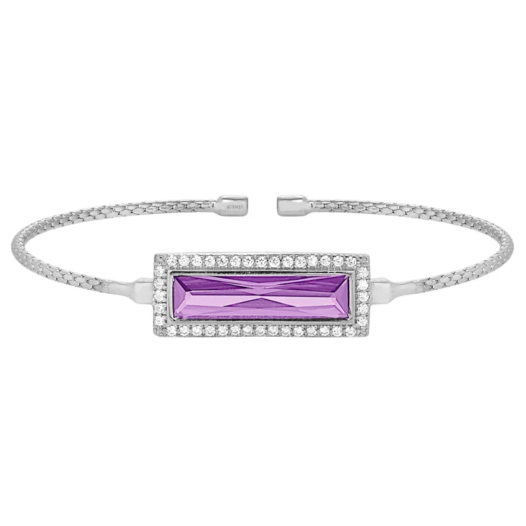 Elegant Crystal Bracelets For Women-Rhodium Finish Sterling Silver Cable Cuff Bracelet with Rectangular Simulated Light Amethyst Stone and Simulated Diamonds