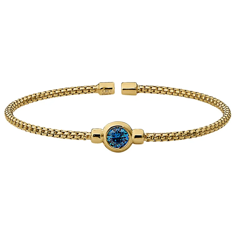 Bracelets For Women's Fashion-Gold Finish Sterling Silver Rounded Box Link Cuff Bracelet with Bezel Set Simulated Blue Topaz Birth Gem