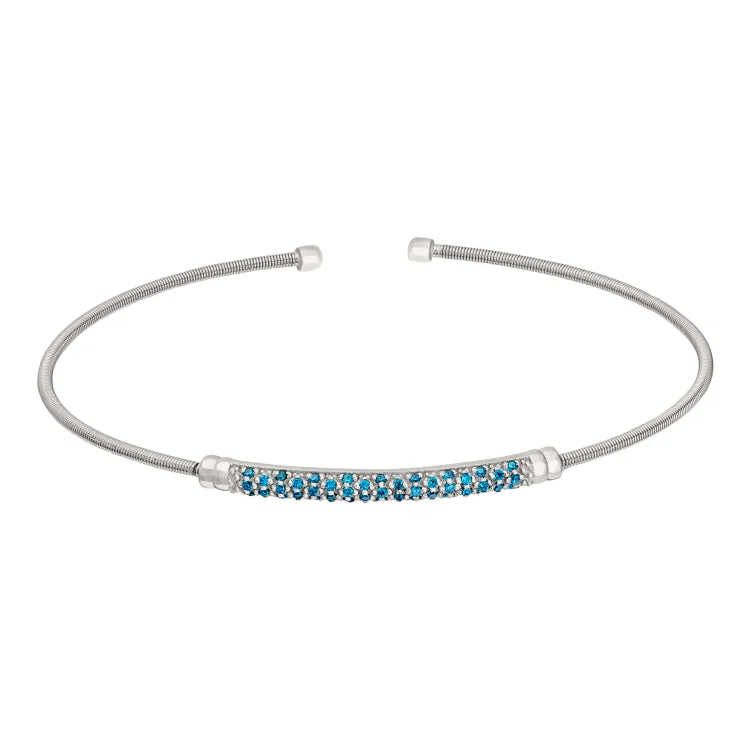 Unique Adjustable Bracelets For Teens-Rhodium Finish Sterling Silver Cable Cuff Bracelet with Three Rows of Simulated Blue Zircon Birth Gems - December