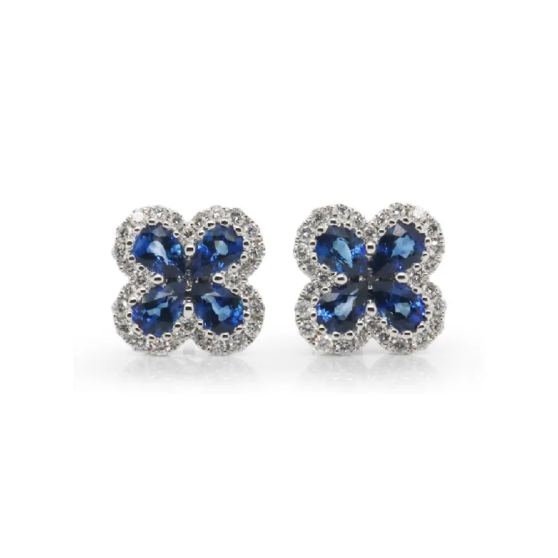 Diamond And Gold Earrings-14k White Gold Blue Sapphire & Diamond Clover Earrings