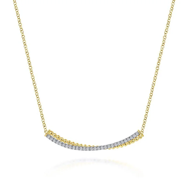 Classic Pendant Necklaces -Gabriel & Co. - NK6367M45JJ - 14K Yellow-White Gold Bujukan Bead and Diamond Pav‚ Curved Bar Necklace