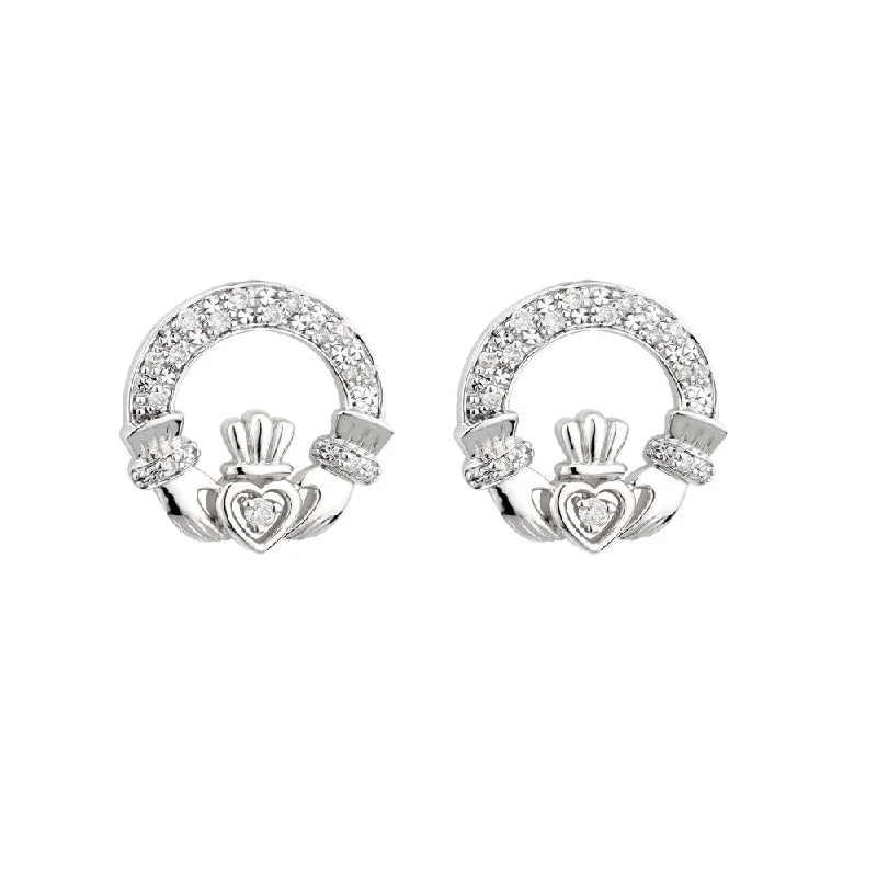 Trendy Gold Earrings-14K White Gold Diamond Claddagh Earrings