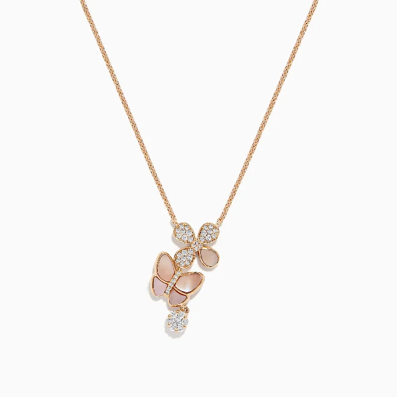 Beautiful Gemstone Necklaces -14K Rose Gold Mother of Pearl and Diamond Butterfly Necklace, 0.26 TCW