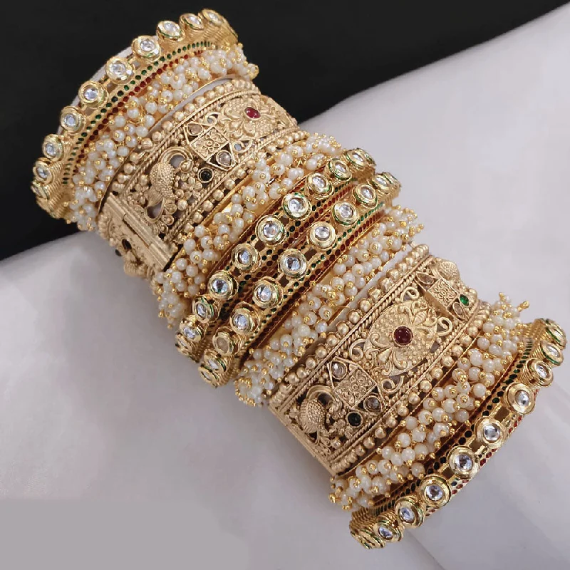 Wedding Bangles With Matching Earrings-Akruti Collection Gold Plated Pota Stone And Pearl Openable Bangle Set