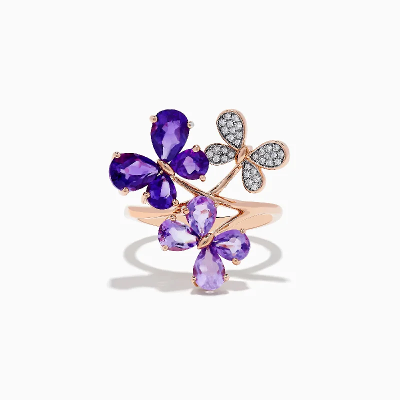 Affordable diamond wedding bands-14K Rose Gold Amethyst and Diamond Multi-Butterfly Ring