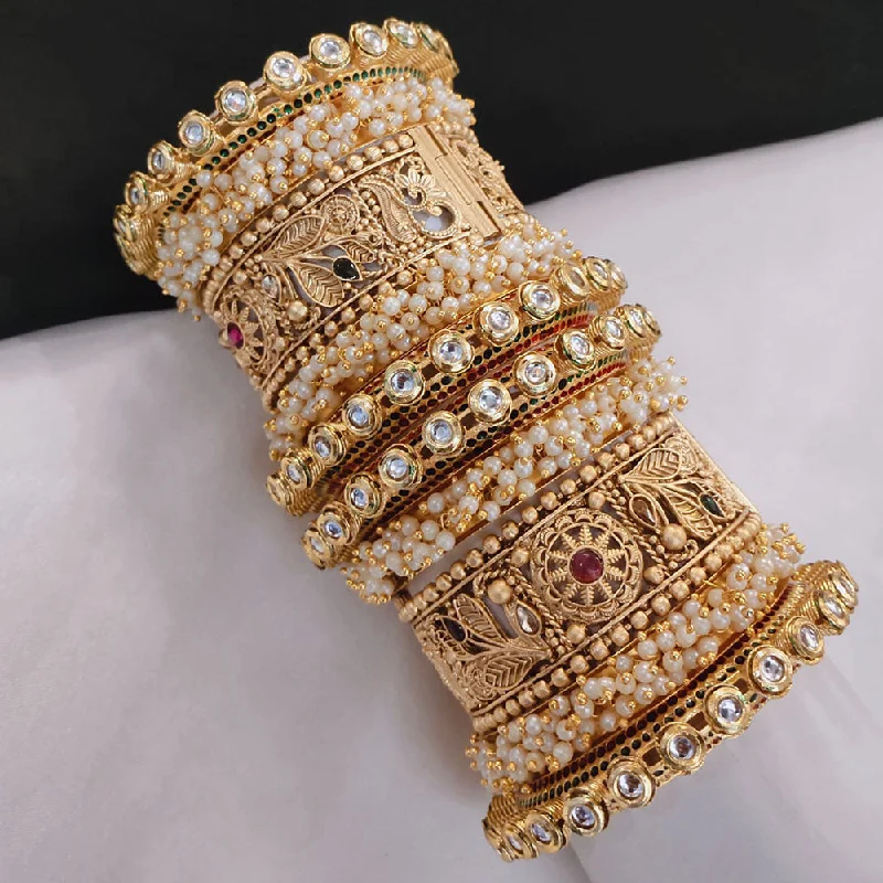 Bangles With Textured Finish-Akruti Collection Gold Plated Pota Stone And Pearl Openable Bangle Set