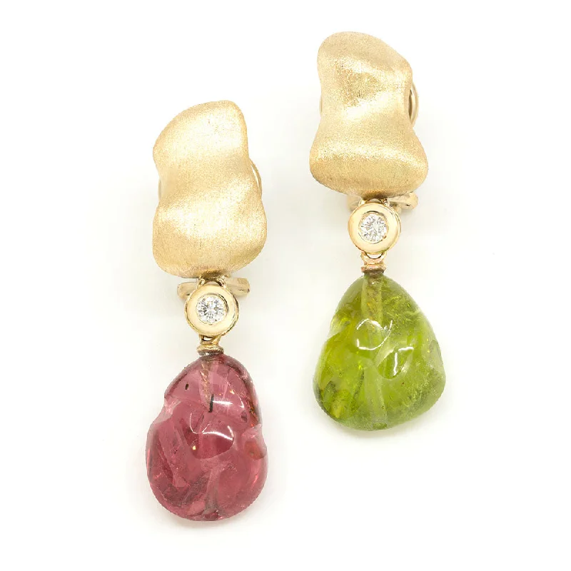 Silver Dangle Earrings With Gems-Nugget Earring with Green & Red Tourmaline