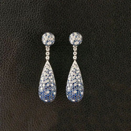 Silver Drop Earrings-Sapphire & Diamond Drop Earrings