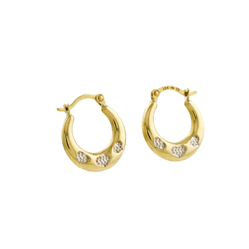 Chunky Gold Stud Earrings-Two-Tone 10K Gold x Triple Hearts Creole Hoops