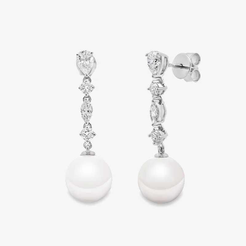 Dainty Earrings-9.5mm SS Pearl & Diamond Dangle Earrings