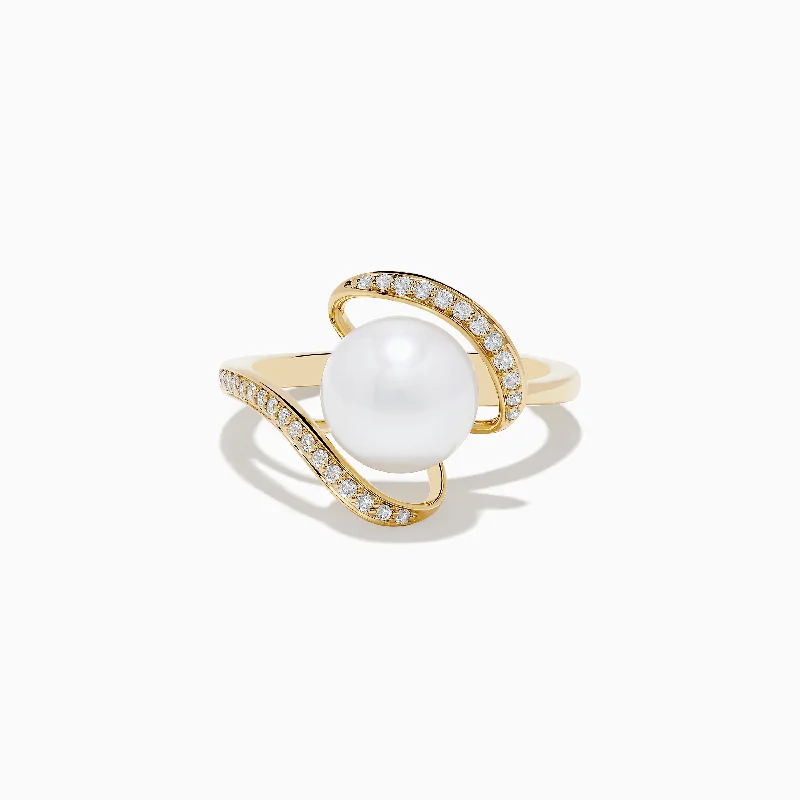 Personalized wedding bands with diamonds-Pearl 14K Yellow Gold Pearl and Diamond Ribbon Ring